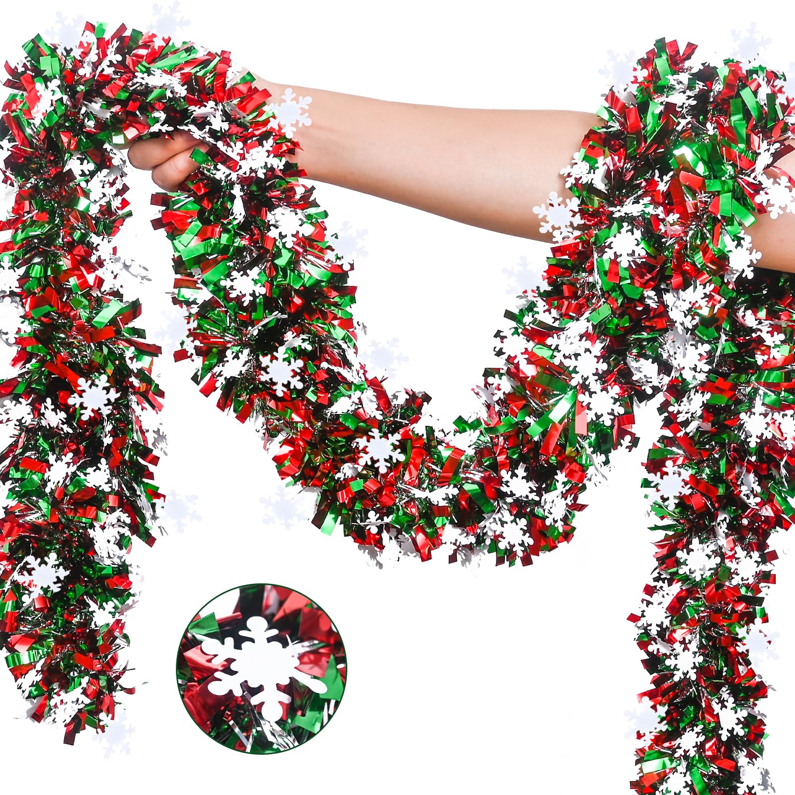 Photo 1 of Mega-Loopolis Christmas Snowflake Tinsel Garland, 26.25Ft Red Silver Green with Snowflake Chunky Glittery Holiday Hanging Tinsel Decorations for Christmas Wedding Birthday Party Supplies Home Decor