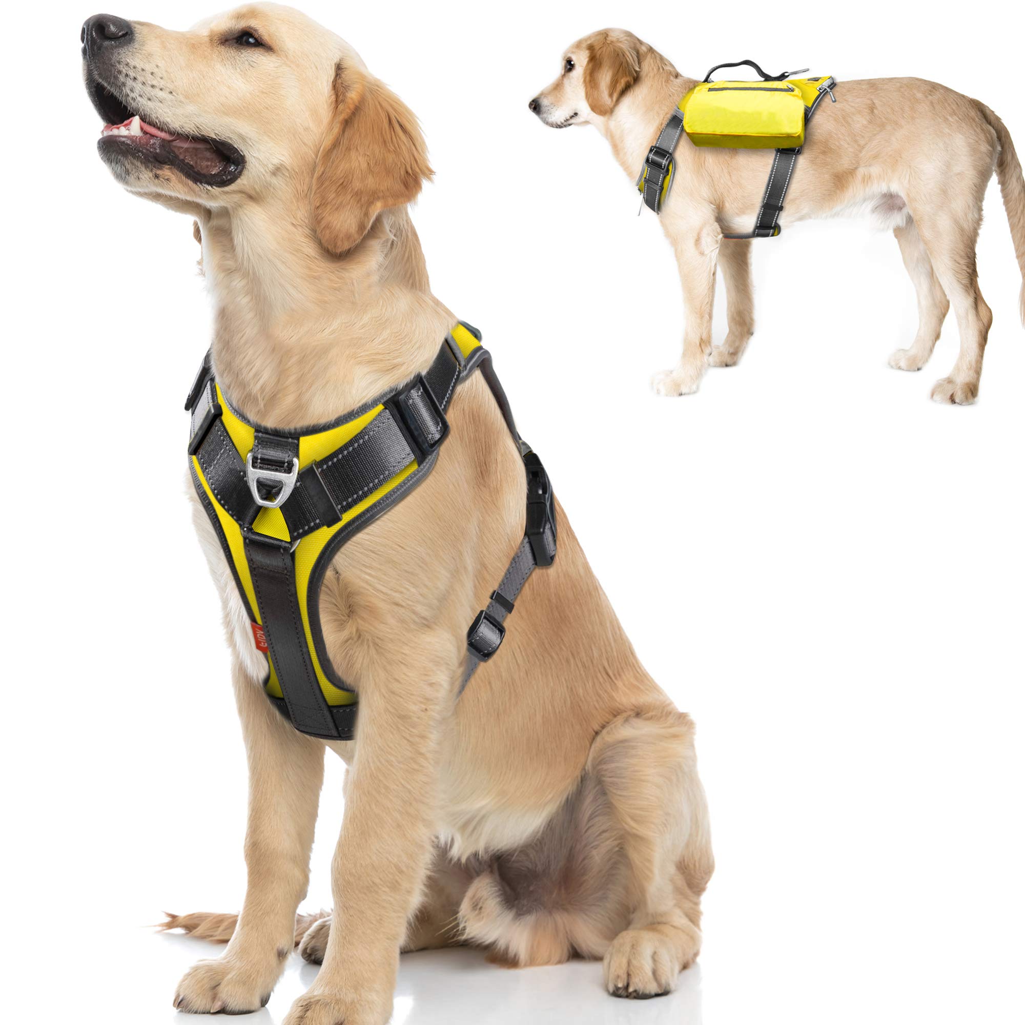 Fida Anti Pull Dog Harness with Saddlebag, Heavy Duty Dog harness for Travel Camping Hiking (yellow,large)