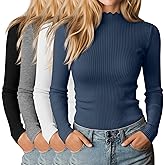 Riyiper 4 Pack Cotton Women's Mock Turtleneck Long Sleeve Tops Ribbed Lettuce Trim Slim Fit Basic Shirts Thermal Base Layer(Black, Haze Blue, White, Light Heather Gray,Medium)