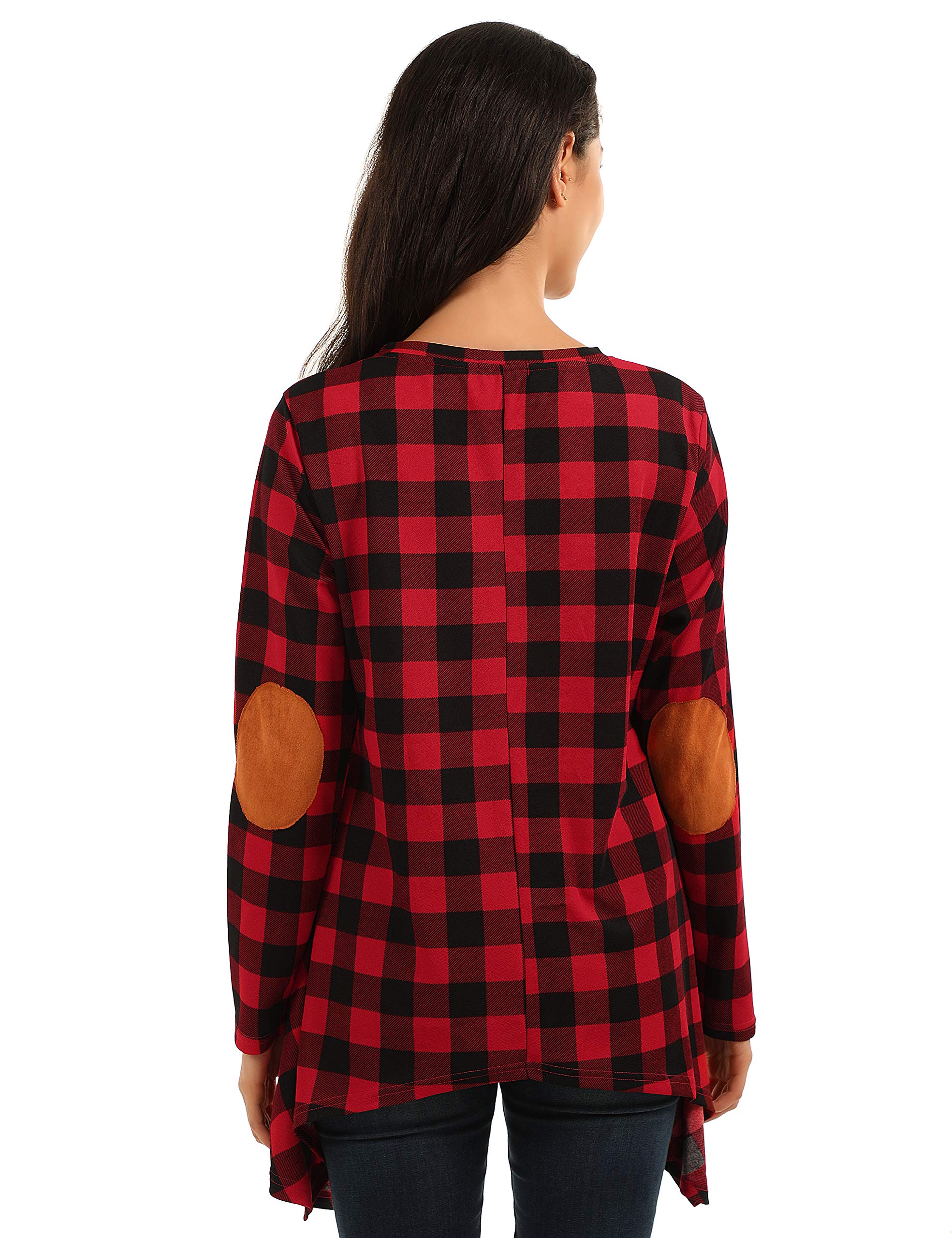 Blooming Jelly Womens Checked Plaid Shirt Long Sleeve Elbow Patch Tunic Color Block Casual Knit Top (x-Large, red Plaid)