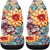 BIGCARJOB Blossoms Flower Car Seat Covers for Womens,Full Set of 2 Pcs Bohemian Floral Style Auto Front Seat Protector Durable Saddle Blanket Vehicle Seat Interior Accessories Cushion Pads