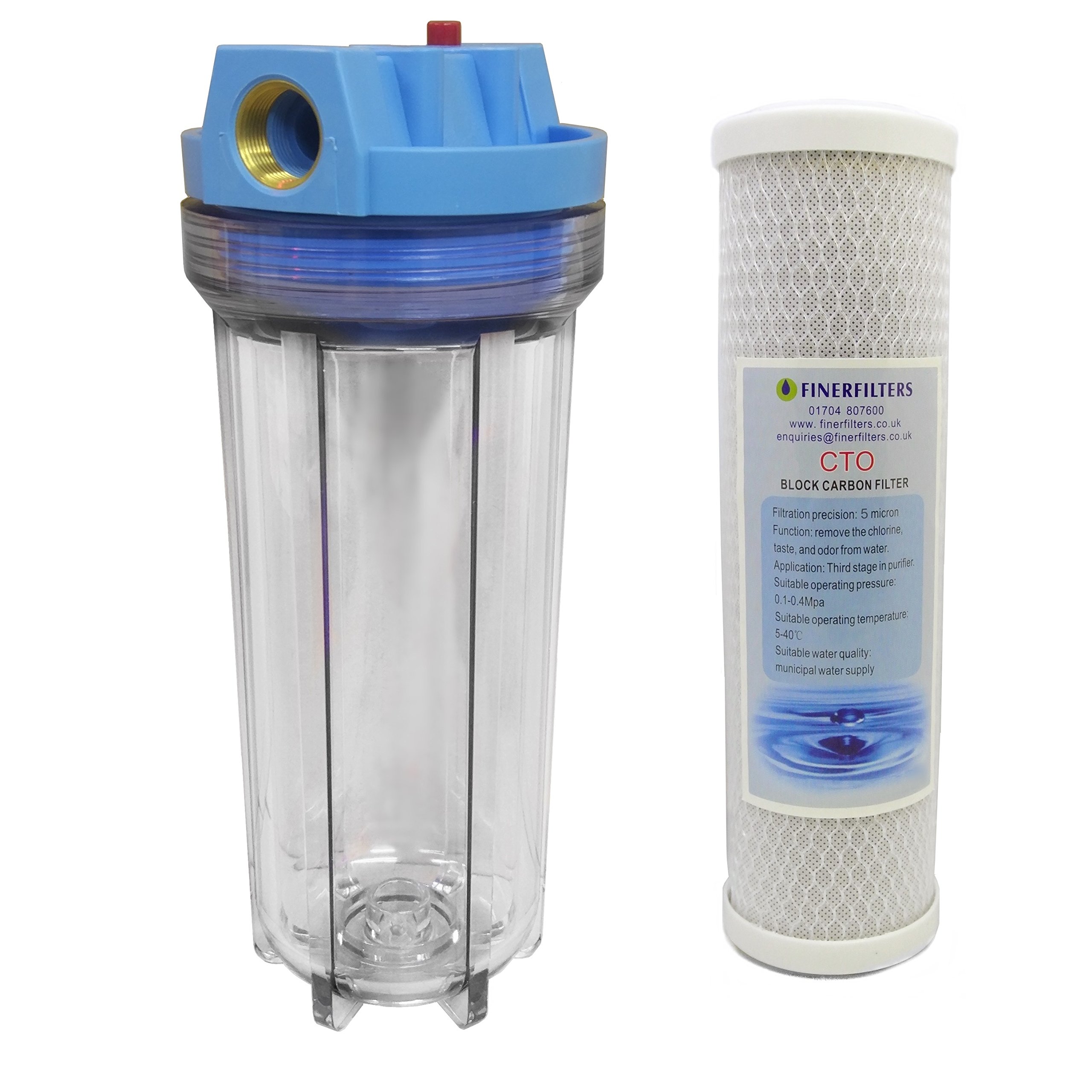 10" Standard Filter Clear Housing with 3/4" Ports, Pressure Reducing Valve and Carbon Block Filter