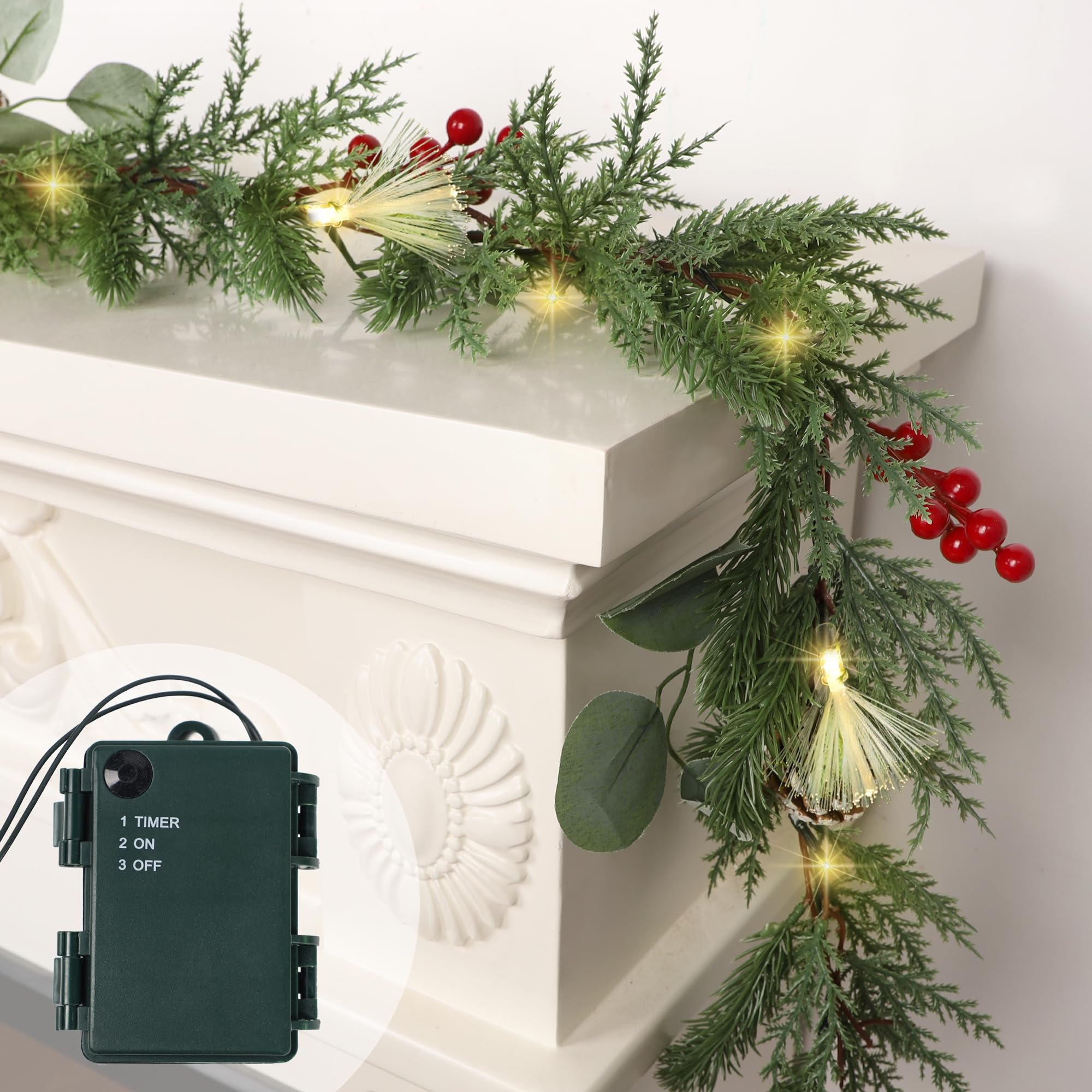 Photo 1 of ***FOR PARTS DAMAGED( POSSIBLY DOESN'T LIGHT UP)**** DR.DUDU Christmas Garland Decorations, 6FT Garlands with Lights Timer Indoor Decoration Pre-Lit Green Garland with Pine Cones Red Berry for Mantle Outdoor Fireplace Stairs Holiday Winter Decor