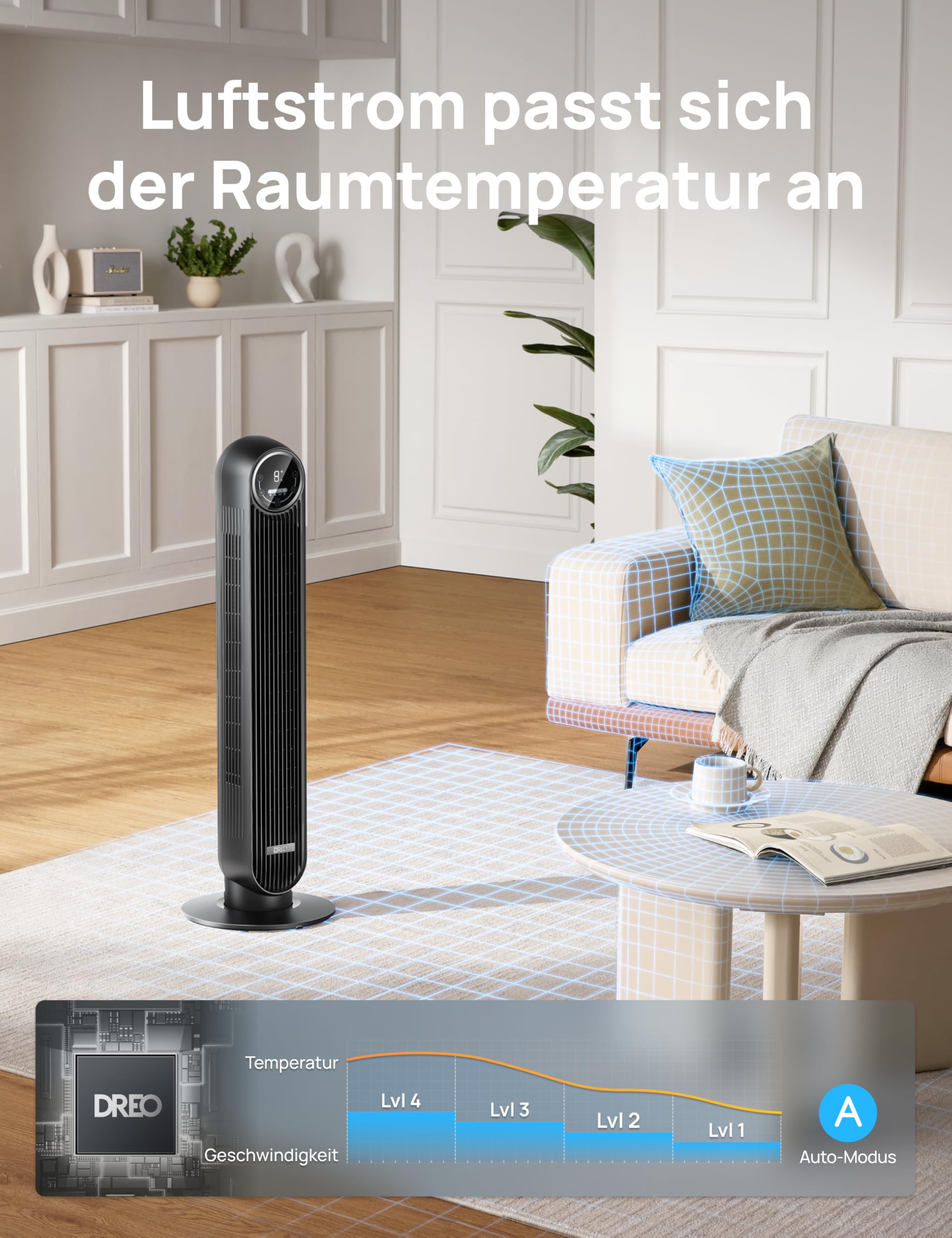 DREO Leiser Turmventilator, 10 m Wurfweite 4 Geschwindigstufen 4 Modi 8 Std. Timer 90° oszillierende Ventilator mit Kühlung Fernbedienung für Schlafzimmer,Turmventilator 307, Schwarz 5