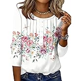 Zeagoo 3/4 Length Sleeve Womens Tops Round Neck Casual Summer Tunic Tops Basic Tees Blouses Dressy T-Shirts Pleated Shirts