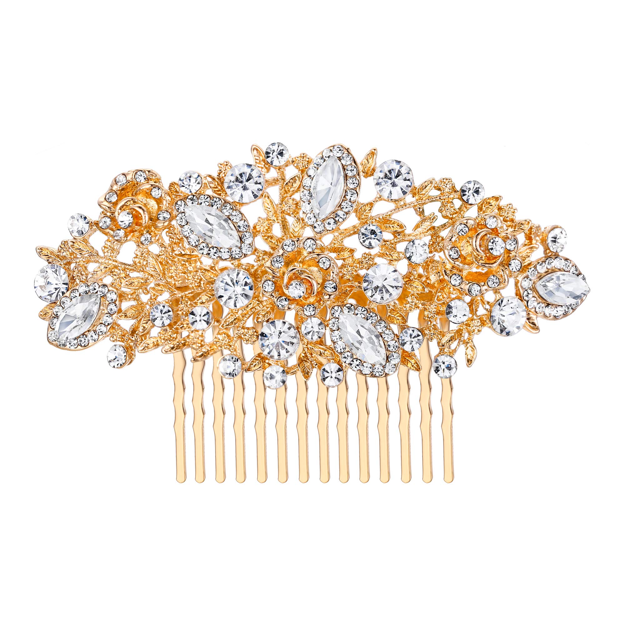 EVER FAITH Women's Austrian Crystal Wedding Floral Flower Leaf Hair Comb Clear Gold-Tone