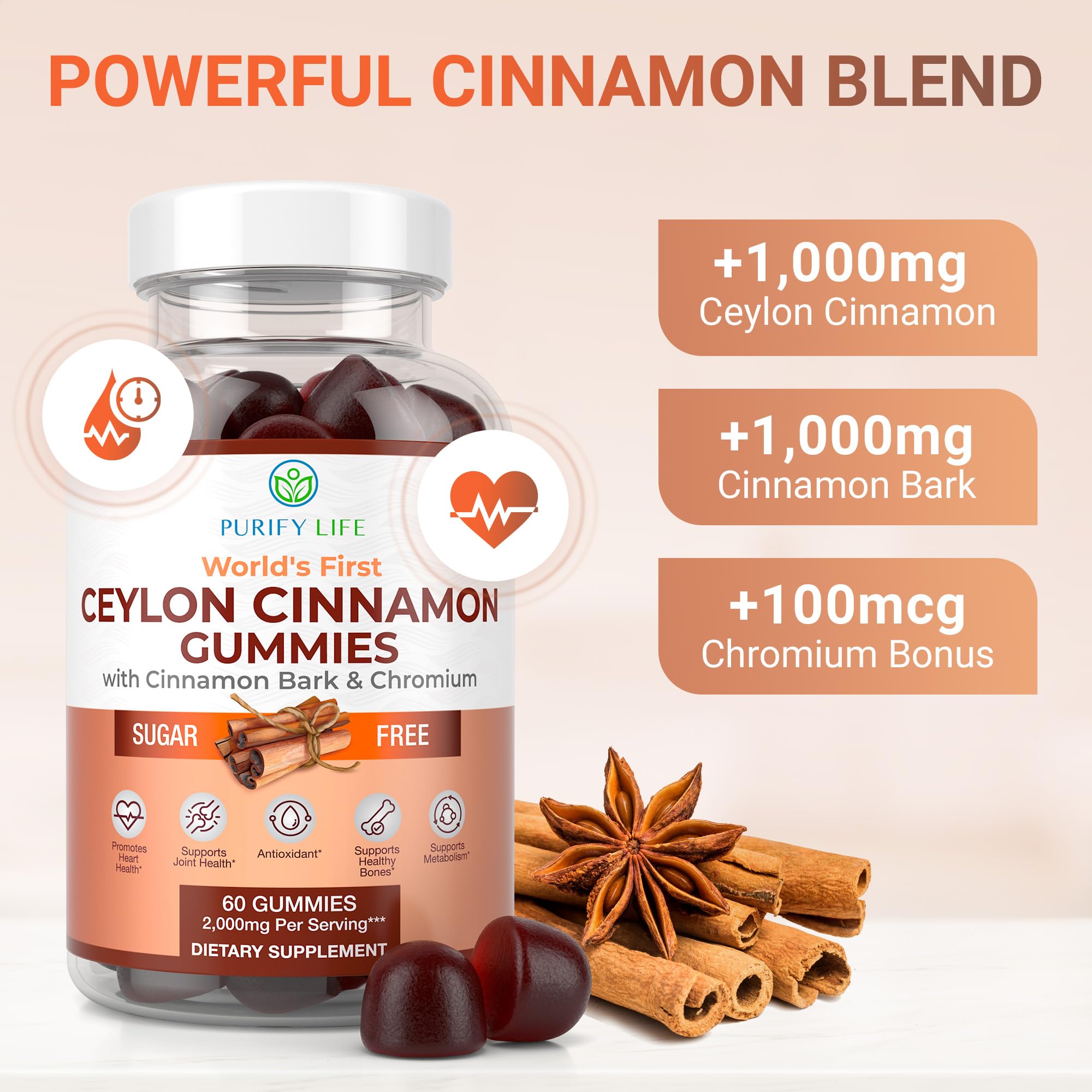 Sugar-Free Ceylon Cinnamon Gummies (2,000mg/Serving) Joint Pain Support Supplement for Brain Health, Vegan, Gluten-Free, Replace Ceylon Cinnamon Capsules, Pills, Powder, Extract (60 Chews)