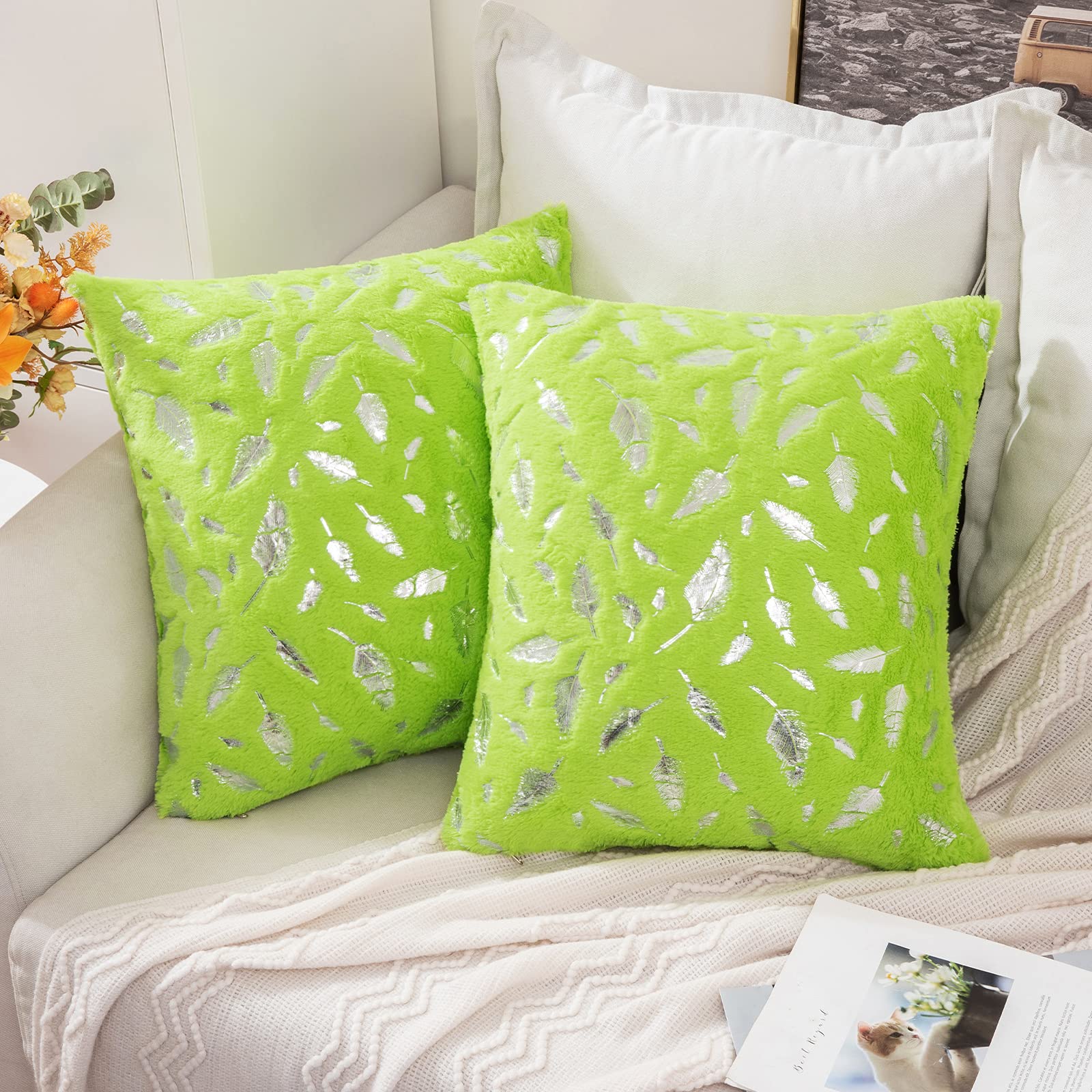 MIULEE 2 Pack Faux Fur Cushion Covers Fluffy Throw Pillow Covers Gold Feathers Soft Lovely Decorative Sapphire Square Luxurious Pillowcase for Livingroom Silver-Yellow-Green 50x50cm 20x20 Inch