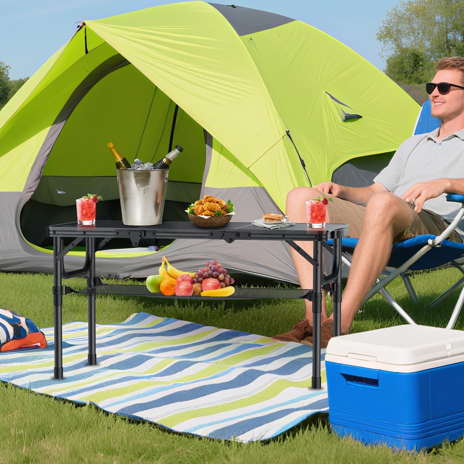 Folding Camping Table with Storage Net, 3ft Camping Table Aluminum Folding Table with 3 Adjustable Height Max 27.5 Inch Picnic Table Portable Table for Outdoor Backyard BBQ, Pure Black
