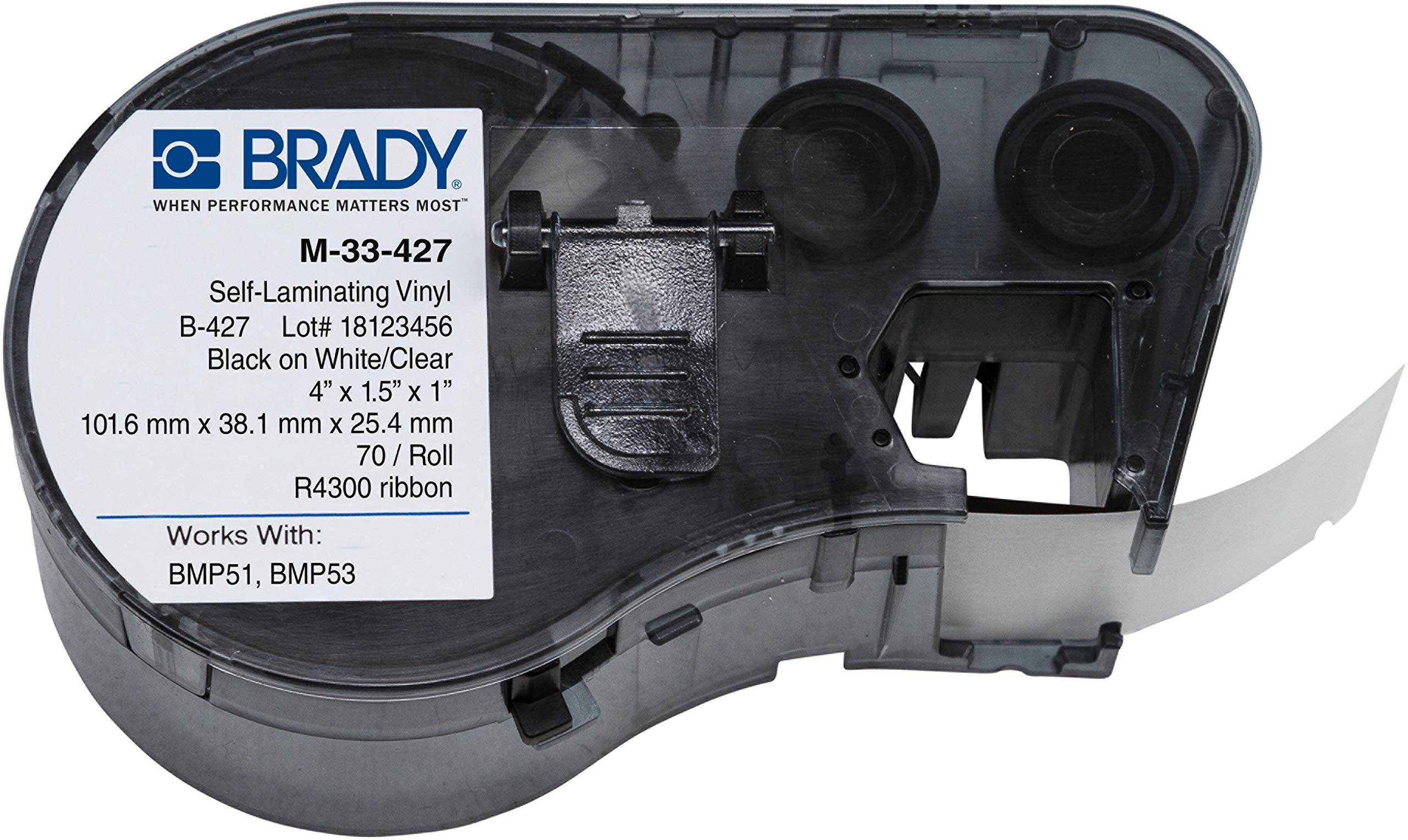 Brady M-33-427 Vinyl B-427 Black on White/Clear Label Maker Cartridge, 4" Width x 1-1/2" Height, For BMP51/BMP53 Printers