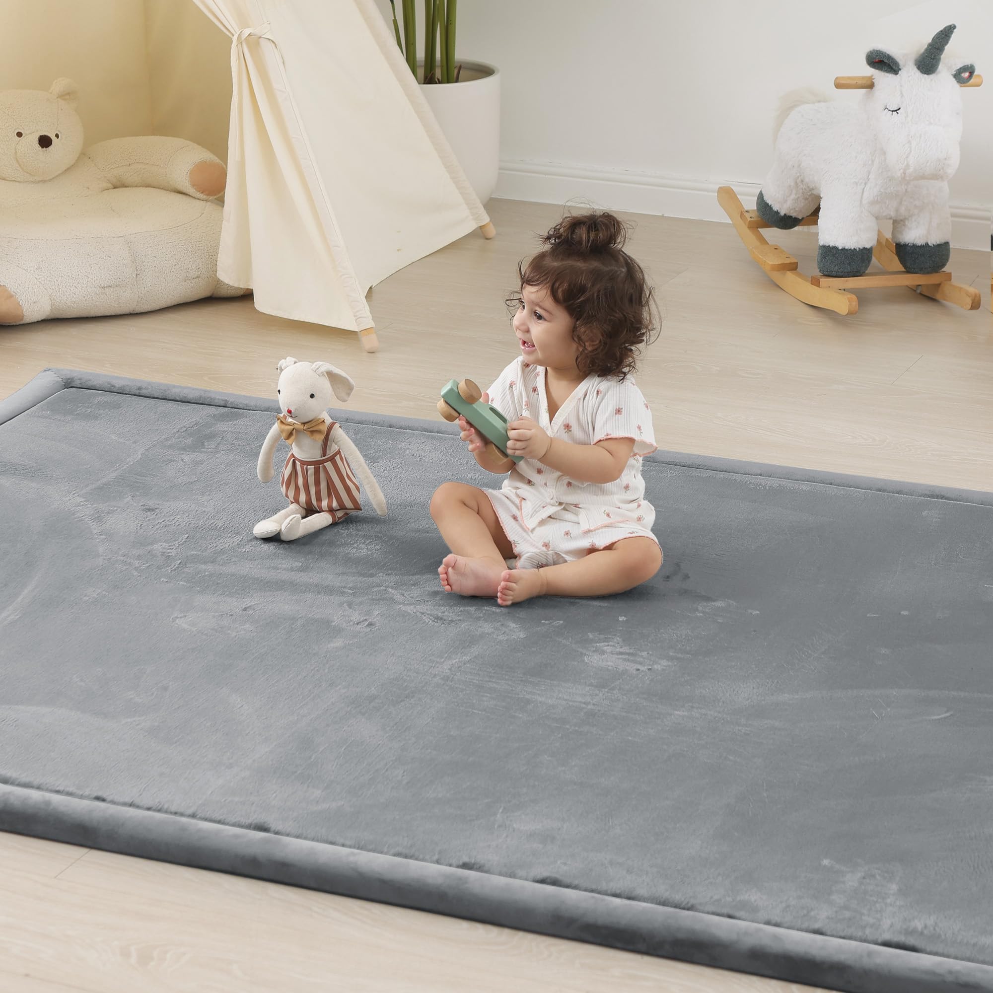 Photo 1 of 1.5" Thick Baby Play Mat for Floor Tummy Time, Large Pro Soft Foam Activity Playmats Playroom, Easy Care with Non-Slip Safe for Infant Toddler Kids Crawling79 x 118" (Dark Grey)