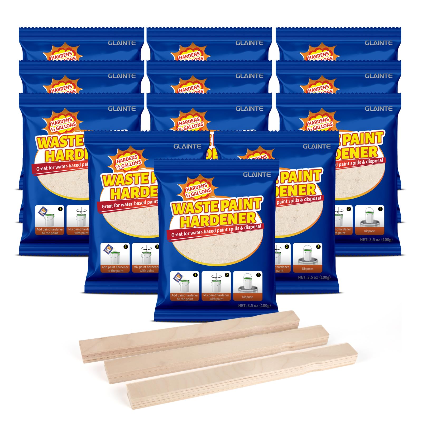 Photo 1 of GLAINTE Waste Away Paint Hardener 12 Packs, 3.5oz - Fast Acting Solid Hardener - Drying Powder for Water-based Paint with 15 Pcs Wooden Stir Sticks