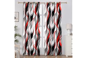 weesire Red and Grey Curtains Modern Striped Decorative 50% Light Blocking Darkening Grommet Red Curtain for Living Room Villa, Bedroom Gray and Red 2 Panels Set, 52x63 Inches