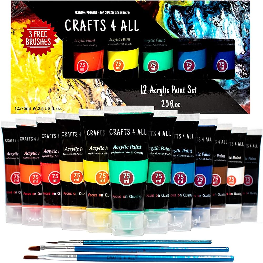 Crafts 4 ALL Large Acrylic Paint Set 12 Colors 75ml Tubes with Brushes