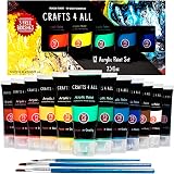 Crafts 4 ALL Large Acrylic Paint Set 12 Colors 75ml Tubes with Brushes