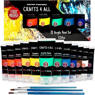 Crafts 4 ALL Large Acrylic Paint Set 12 Colors 75ml Tubes with Brushes