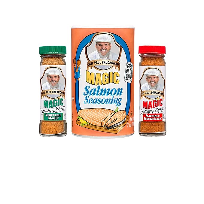 Magic Seasoning Blends Blackened Redfish Magic Seasoning 2oz ((57g), Magic Salmon Seasoning 7oz (198g) and Vegetable Magic Seasoning 2oz (57g) &mdash; Seasoning for Cooking Bundle