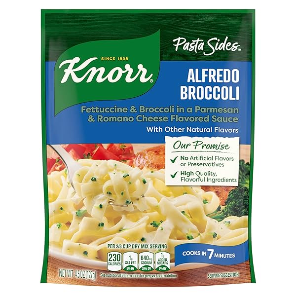 KNORR PASTA SIDES ALFREDO BROCCOLI FETTUCCINE FOR DELICIOUS QUICK PASTA SIDE DISHES NO ARTIFICIAL FLAVORS, NO PRESERVATIVES, NO ADDED MSG 4.5 OZ