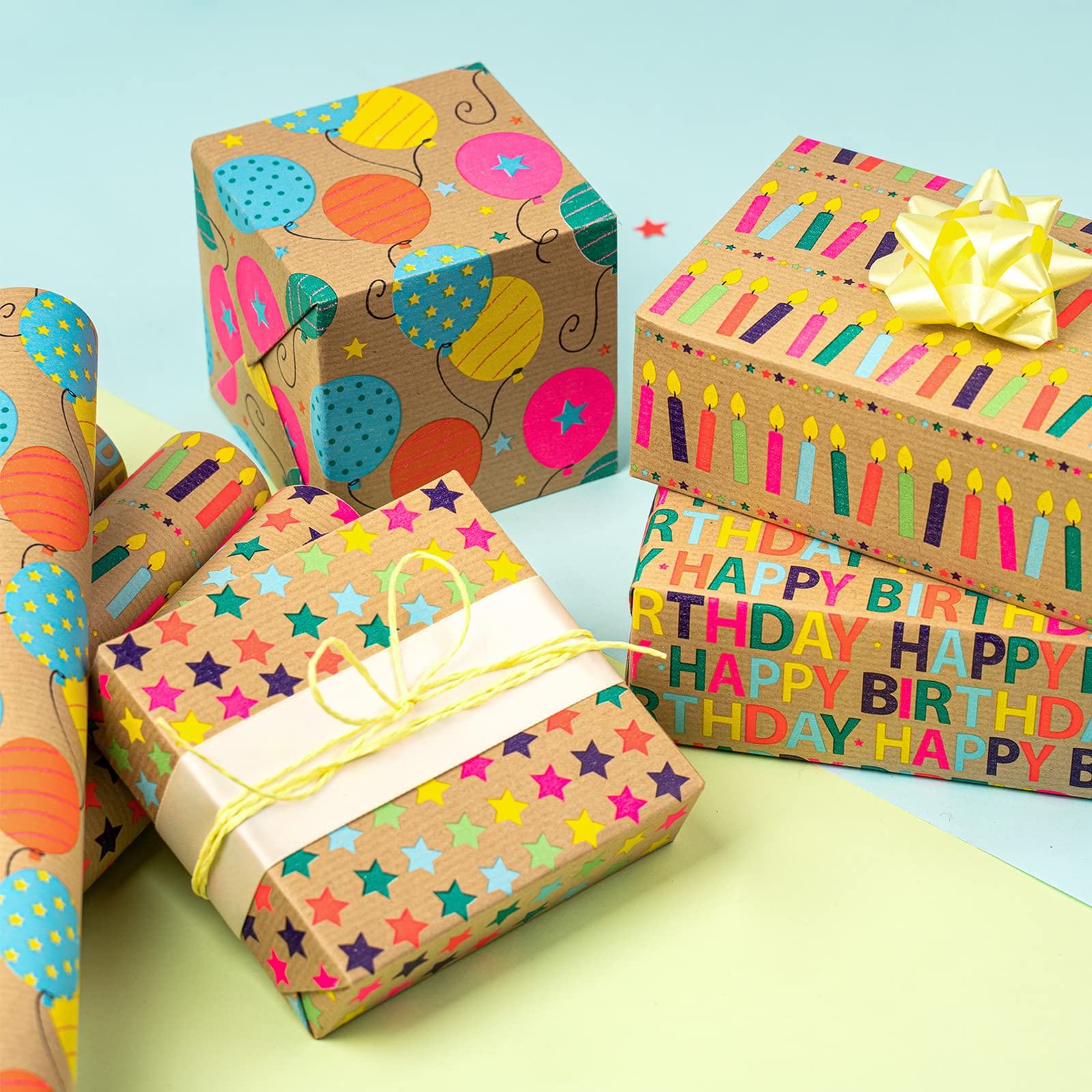 RUSPEPA Kraft Birthday Wrapping Paper Rolls - Mini Roll - 17 inches x 10 feet per Roll, Total of 4 Rolls, Colorful Birthday