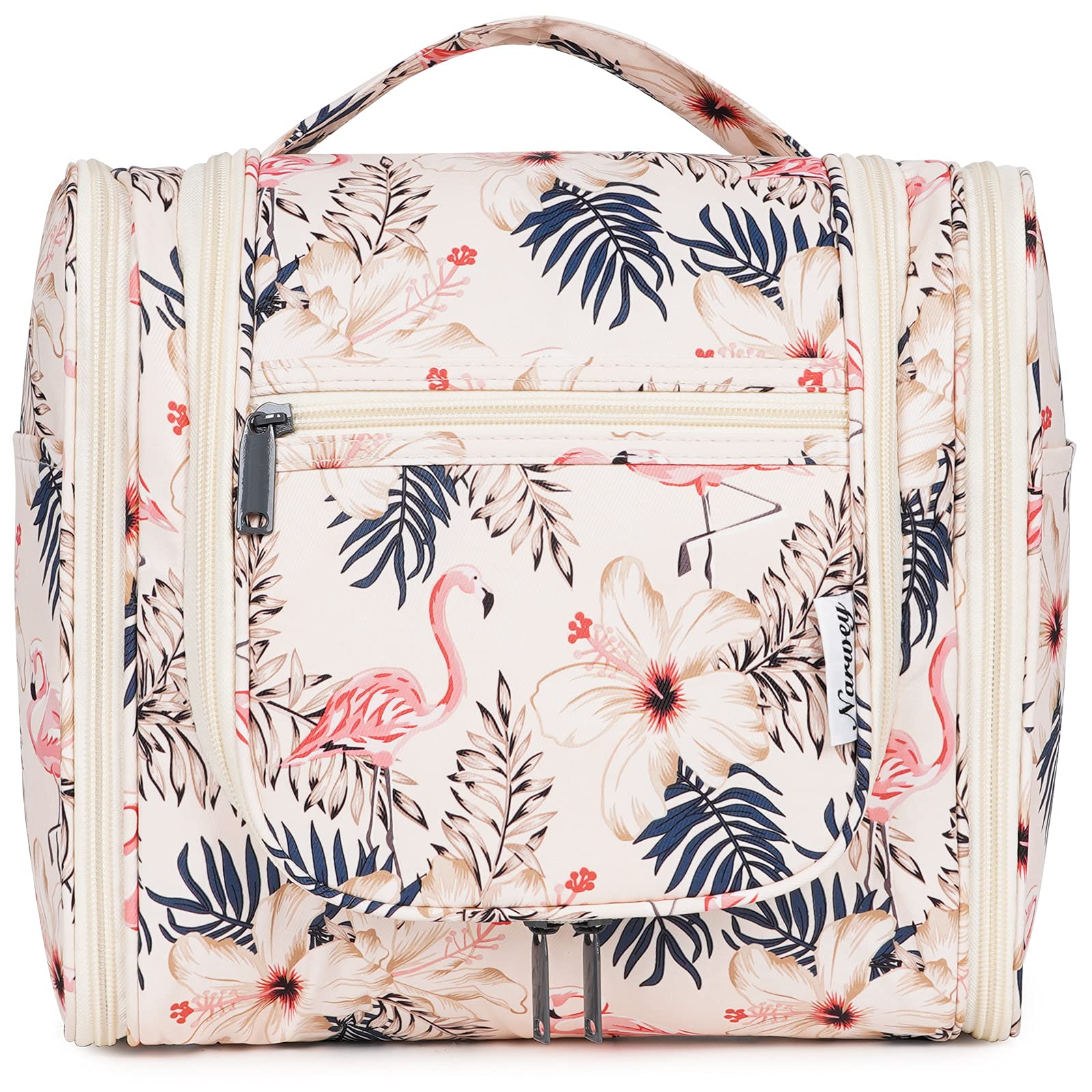 Narwey Travel Hanging Toiletry Wash Bag Makeup Cosmetic Organizer for Women (Beige Flamingo (Large))