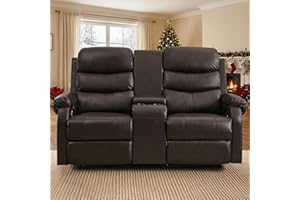 ZRNINR Loveseat Reclining Sofa, Home Theater Seating with Center Console, RV Recliner Sofa with Cup Holders and Pockets, Manual Double Seater Recliner for Living Room, Motor Home, Cinema(Brown)