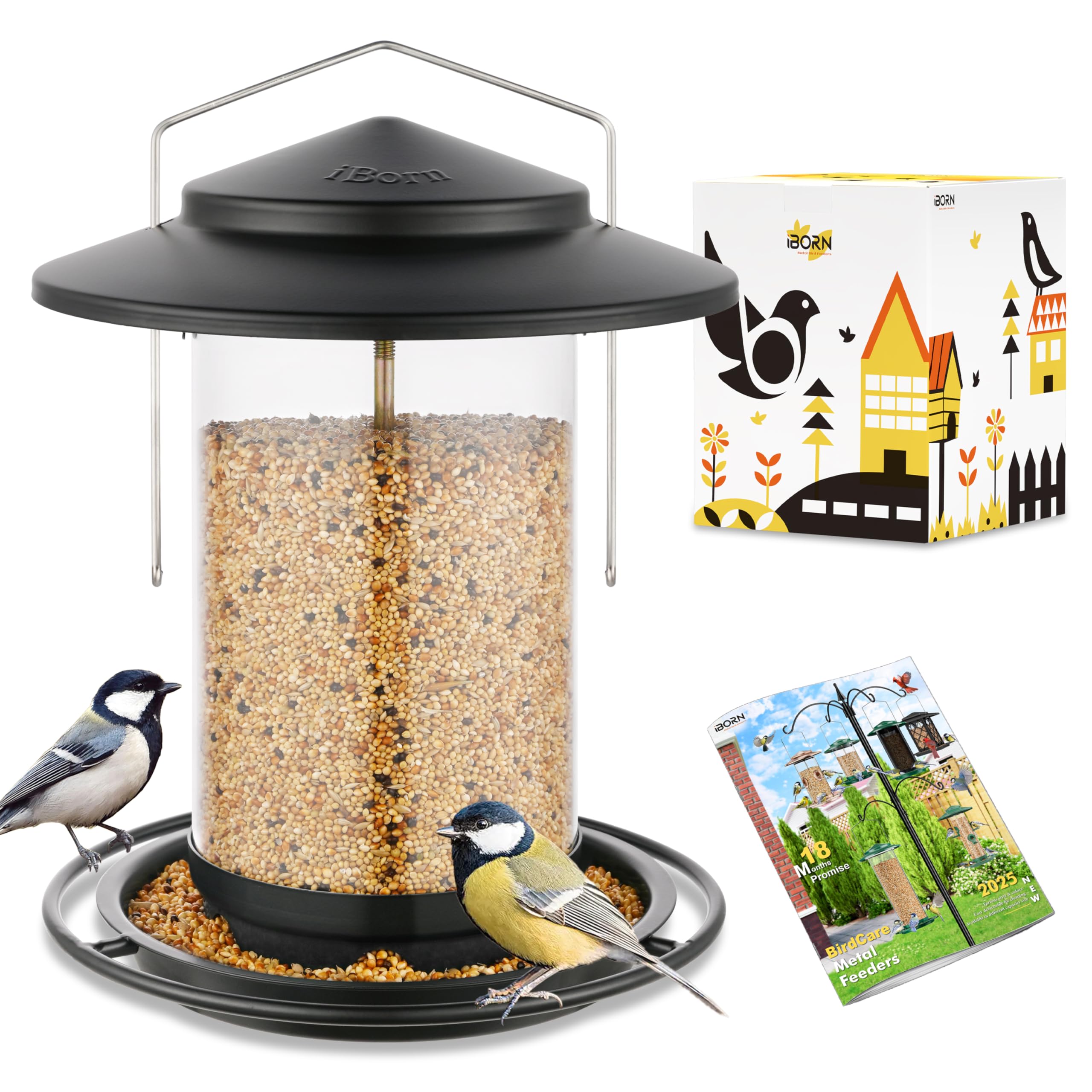 iBorn Metal Bird Feeder for Outside Hanging,Wild Bird Feeders for Cardinal,18cm Large Roof&Tray Black 6 Port (Seed is not Included)