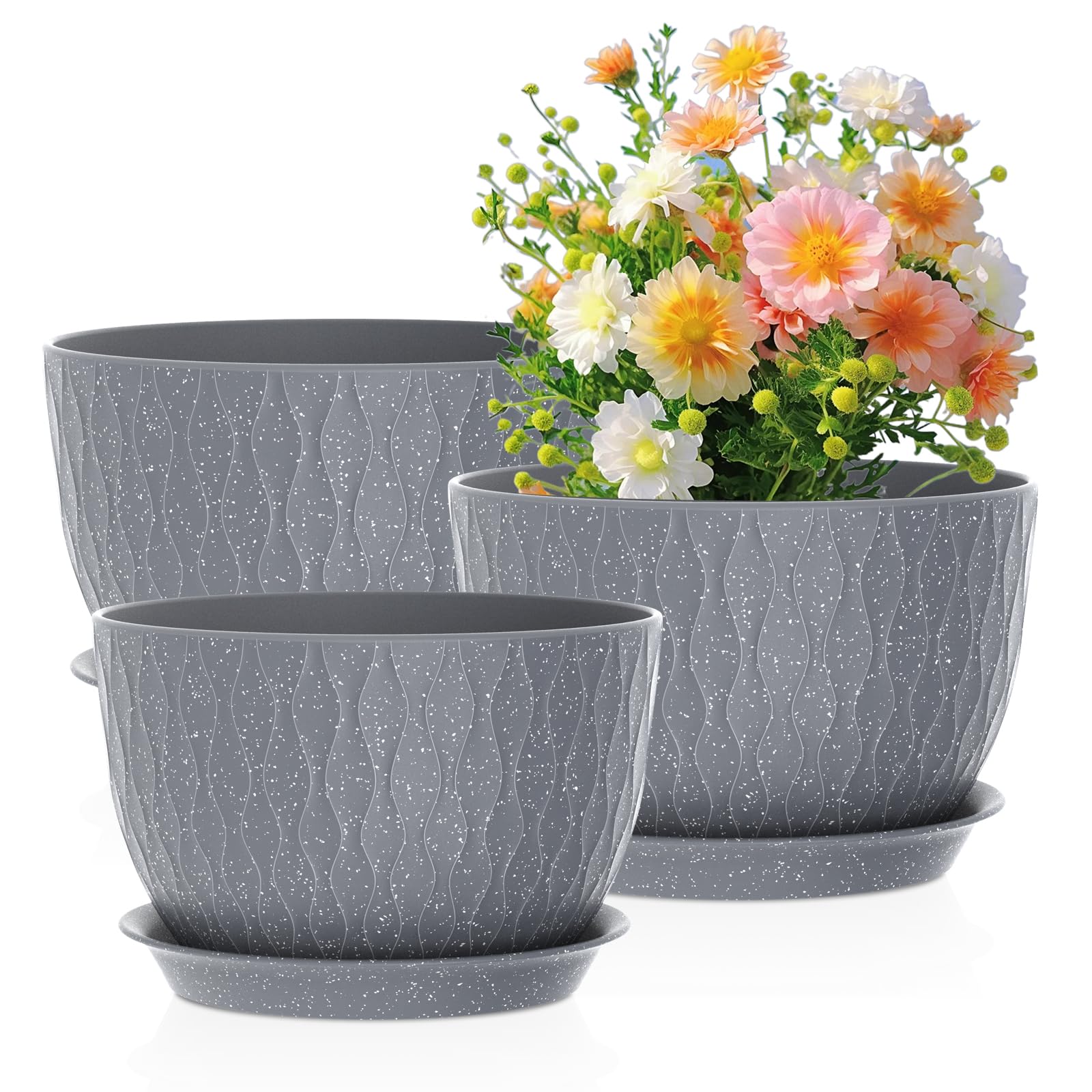 Photo 1 of Meowell Large Flower Pots 12/10/9 inch, 3 Set Big Plant Pots for Outdoor Indoor Plants with Water Ripples, Wide Plastic Planters with Drainage Holes and Saucers for Garden House Plants, Speckled Grey