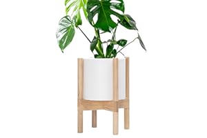 D'vine Dev Planter Pot with Stand - 8 Inch Plastic Cylinder Flower Pot with Wood Planter Holder for Indoor, Matte White Pot + Natural Stand, 55-C-J-1