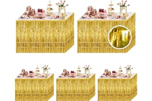 Ohiyoo 5 Pack Gold Foil Fringe Table Skirt 29x108 Inch Metallic Foil Fringe Table Skirts Tinsel Streamer Curtains Backdrop Parade Floats Birthday Halloween Christmas Party Decoration (Gold)