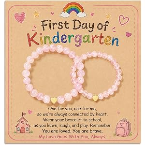 Mother Daughter Back to School First Day of Kindergarten Bracelet Gifts | 2 PCS Rose Quartz & Gold Heart Mother Daughter Brac