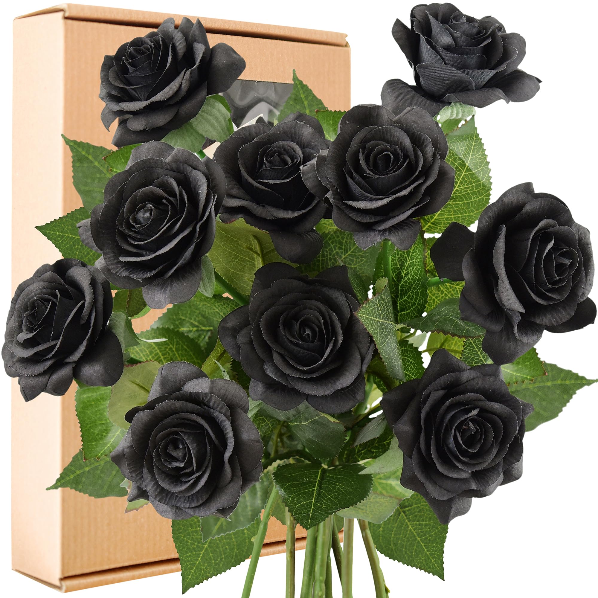 FiveSeasonStuff 10 Stems Real Touch Roses Artificial Flower Silk Roses ‘Petals Feel and Look like Fresh Roses' Bouquet of Flowers Floral Arrangements (Black)