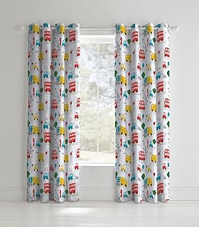 Childrens Curtains One Pair Of Traffic Cars Print Blue White Red