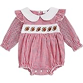 CREAIRY Newborn Baby Girl Football Outfit Embroidery Smocked Bubble Romper Long Sleeve Bodysuit Fall Clothes