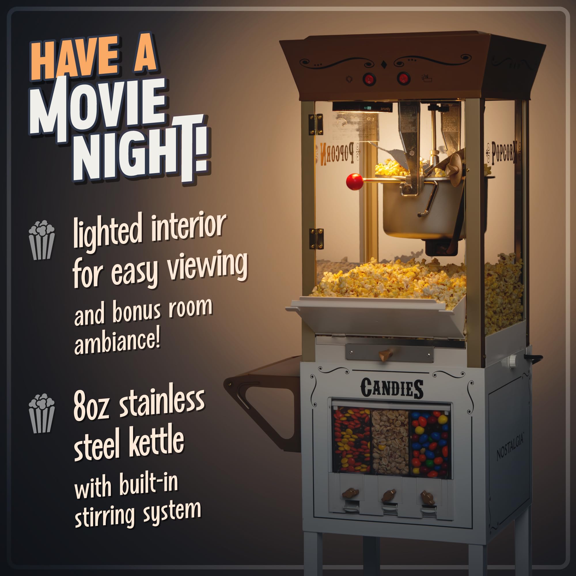 Vintage 8 Ounce Professional Popcorn and Dispensing Cart, Makes Up to 32 Cups, Three Storage Dispensers for Kernels, Candy, Nuts, Chocolate, Measuring Spoons and -Scoop Included