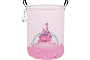 ONOEV Laundry Hamper, Round Waterproof Storage Basket with Handle, Foldable, Pink Castle, 19.7in(H) x 15.7in(D), for Children's Room and Toy Storage