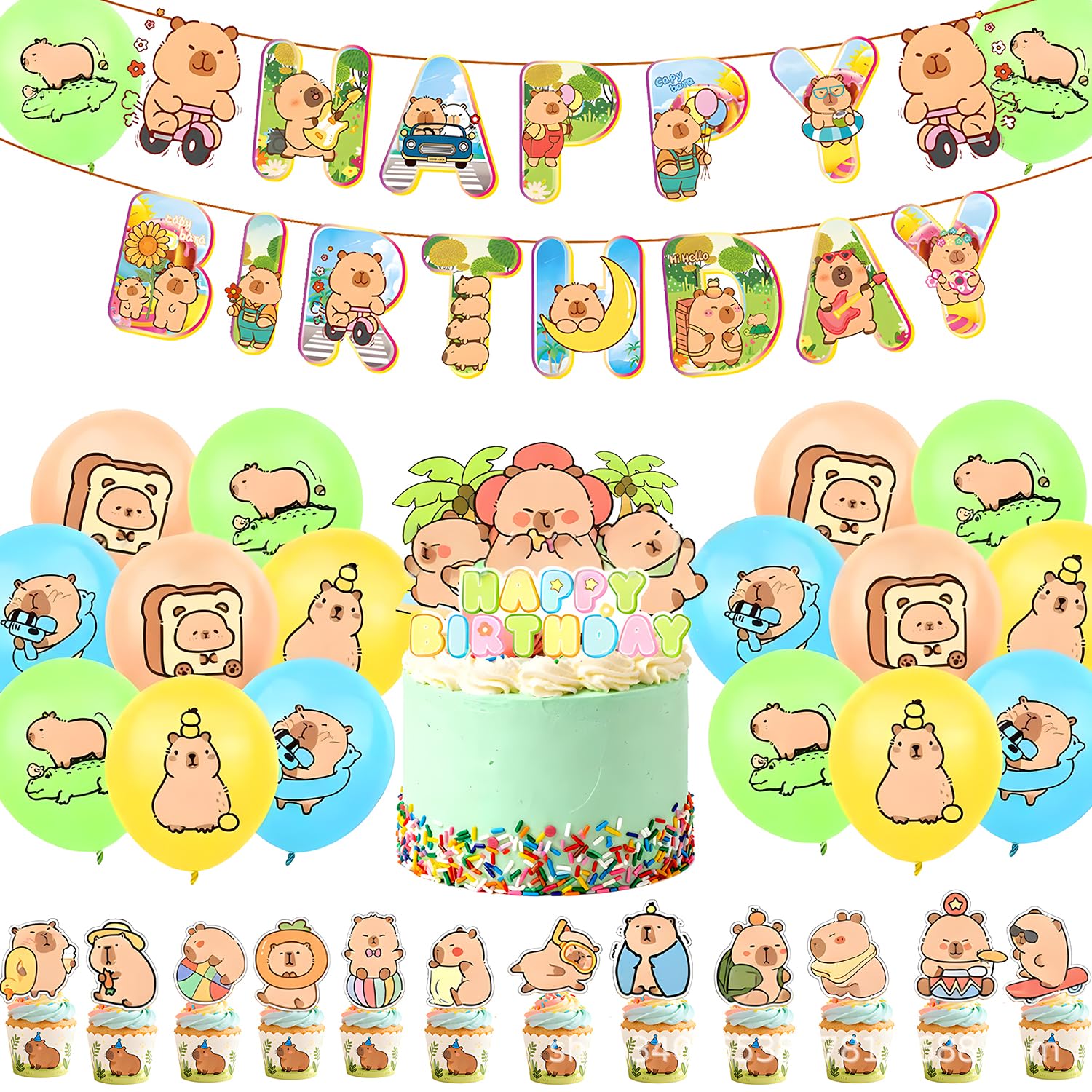 30Pcs Capybara Birthday Decorations Set, Capybaras Themed Party Supplies for Boys and Girls, Including Capybara Balloons, Fun Birthday Banner, Cute Cupcake Flags and Capybara Cake Topper