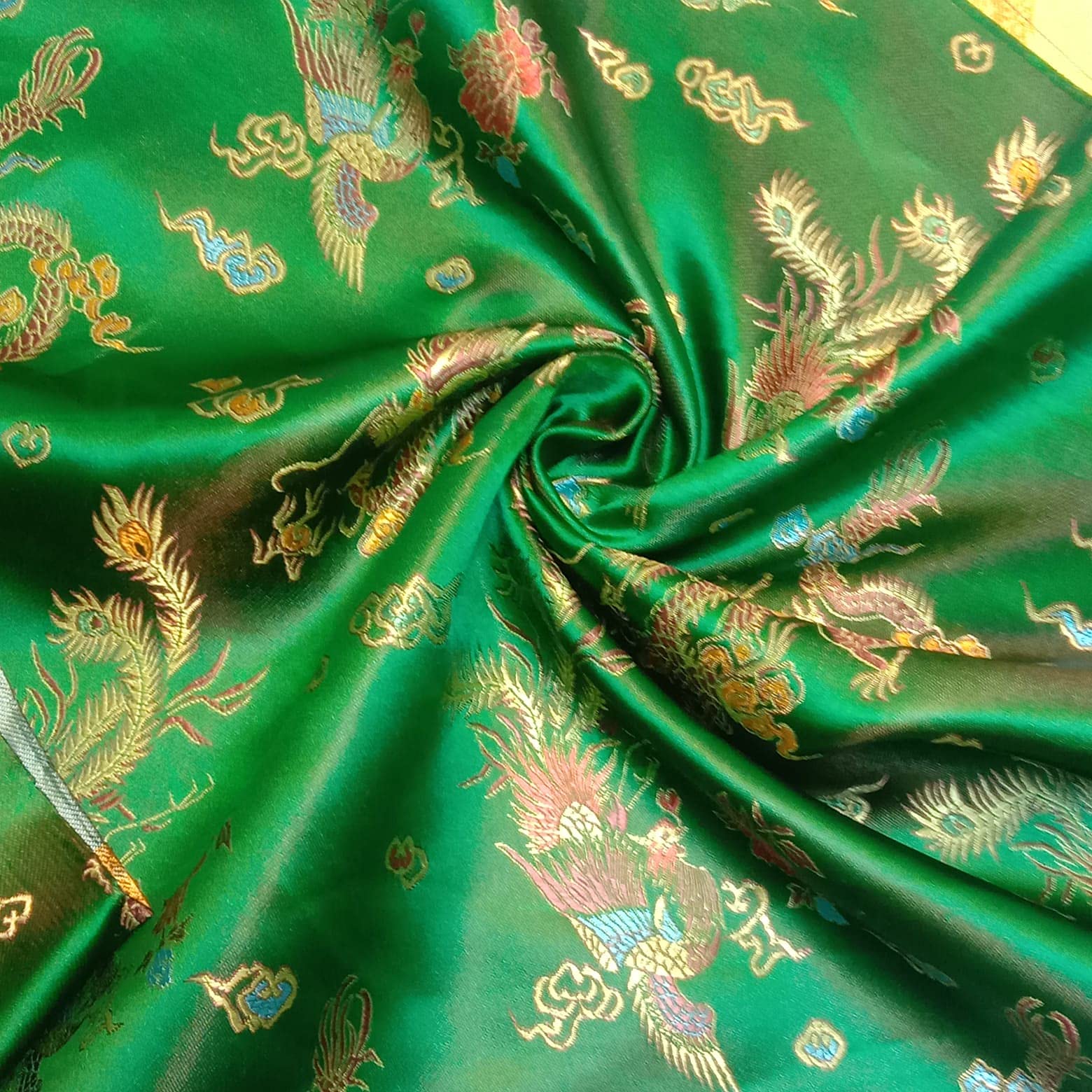 Oriental Dragon & Floral Chinese Brocade Fabric – Premium Poly-Silk Satin | Embroidered Material for Dressmaking, Crafts & Upholstery | 36" (100cm) Wide | 1 Meter Pre-Cut (Emerald Green Dragon)
