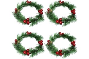 PALONMY 4pcs Christmas Candle Rings Wreaths Artificial Red Berries Greenery Pine Needles Garland Wreaths Candle Rings Holder for Wedding Table Centerpiece Home Dinner Table Decor
