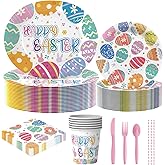 olentit 200PCS Easter Plates and Napkins Tableware Set, Easter Eggs Designed Disposable Dinnerware with Paper Plates, Napkins,Paper Cups,knives,Forks,Spoons and Straws for Party Supplies- Serves 25