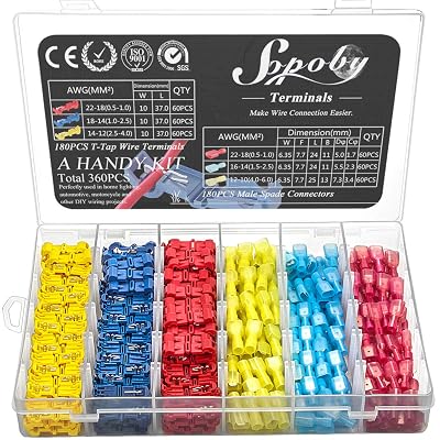 360PCS T Tap Wire Connectors, Sopoby Electrical Connectors Quick Wire Splice Taps with Insulated Male Quick Disconnect Terminals Assortment Kit