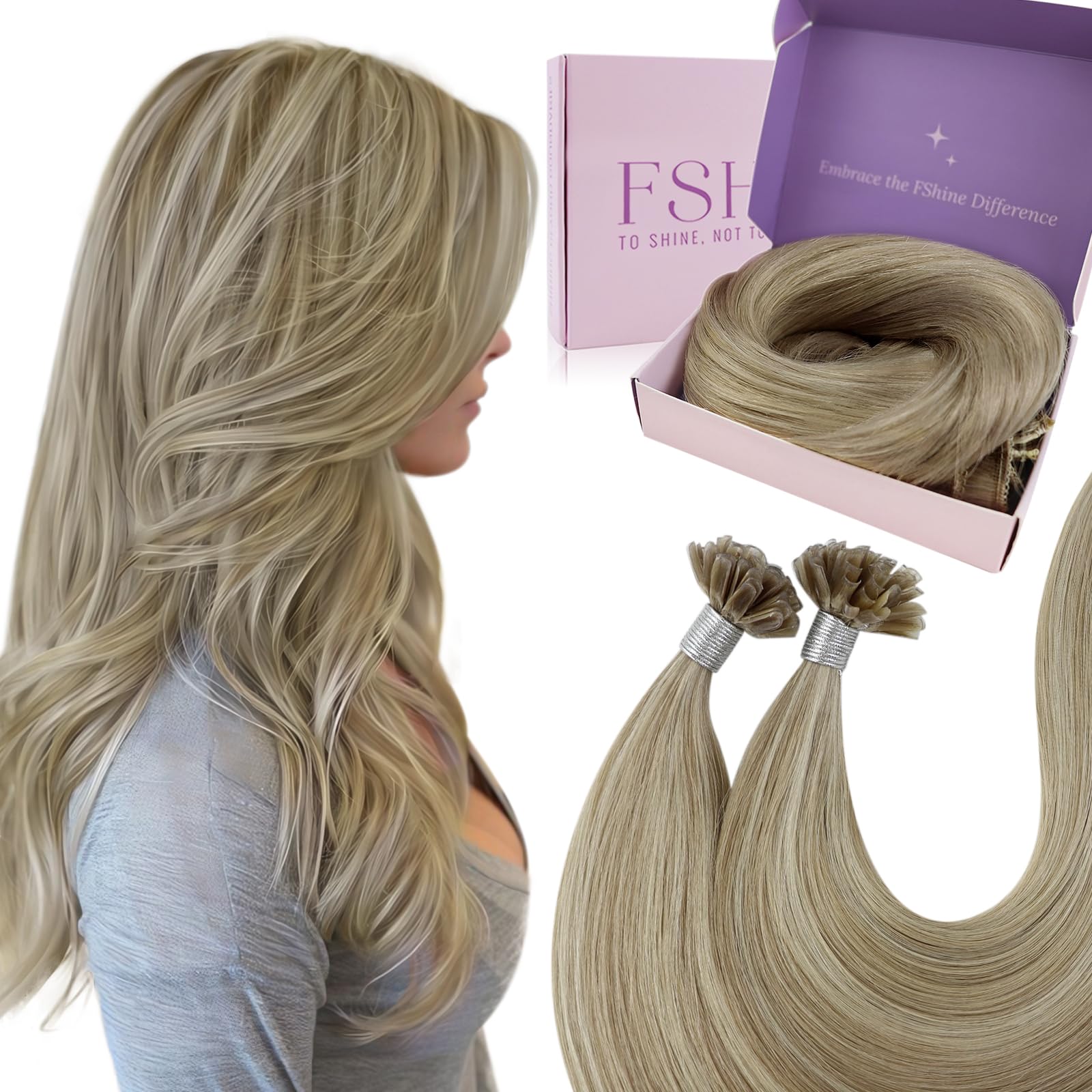 Fshine U Tip Real Human Hair Remy Pre Bonded Hair Extension Color 16 Highlighted 22 Keratin U Tip 18 inch Remy Extensions Keratin Bondings Fusion 50g/50s Bondings Keratin for Women โ image 1
