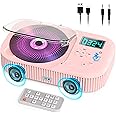 Greadio Portable CD Player with Speakers – Rechargeable Bluetooth CD Players for Home & Car, 2000mAh Anti-Skip CD Player with FM Radio/USB/AUX/Remote Control, Bulit-in Dual Speakers,Timer (Pink)