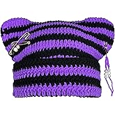 Hshsclth Cat Ear Beanie Hat for Women Y2K Striped Beanie with DIY Goth Accessories Slouchy Crochet Goth Hat Beanie with Ears