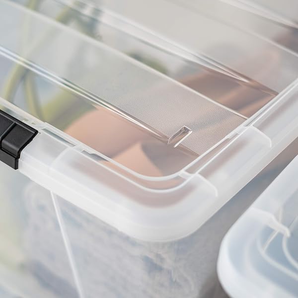 IRIS USA 72 QT STACKABLE PLASTIC STORAGE BINS WITH LIDS, 6 PACK – BPA-FREE, MADE IN USA – SEE-THROUGH ORGANIZING SOLUTION, LATCHES, DURABLE NESTABLE CONTAINERS, SECURE PULL HANDLE – CLEAR