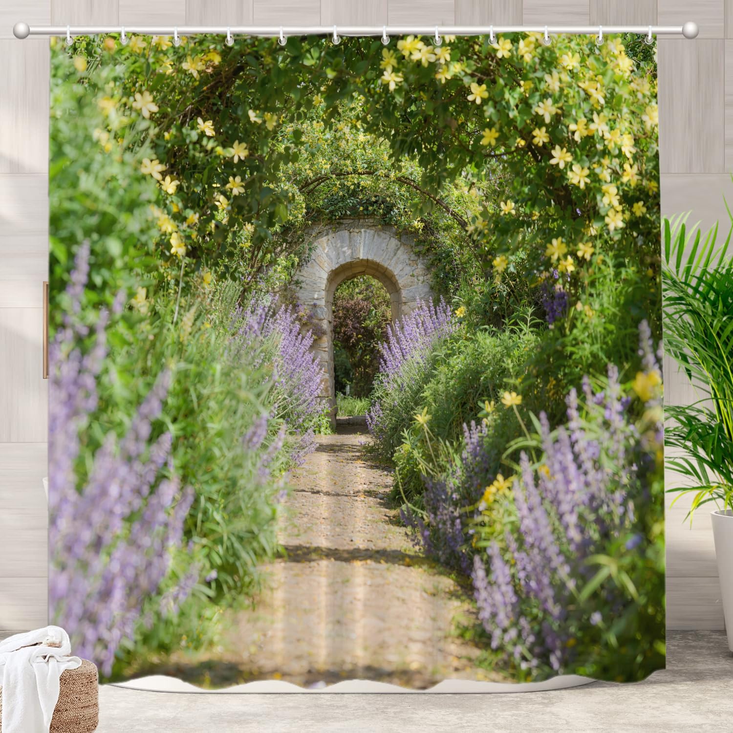 Batmerry European Flowers Scenery Garden Decoration Shower Curtain, Honeysuckle Arch Sunny Day English Country Decor Shower Curtain for Shower Stall Bathroom Waterproof of Standard Size 72x72 Inch
