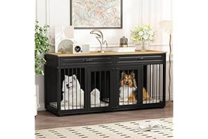 DAWNSPACES Dog Kennel Furniture, 64.6 Inch Heavy Duty Wooden Large Furniture Style Dog Crate with Drawers & Divider, Indoor Dog House TV Stand with Double Rooms for Medium Small Dogs, Black
