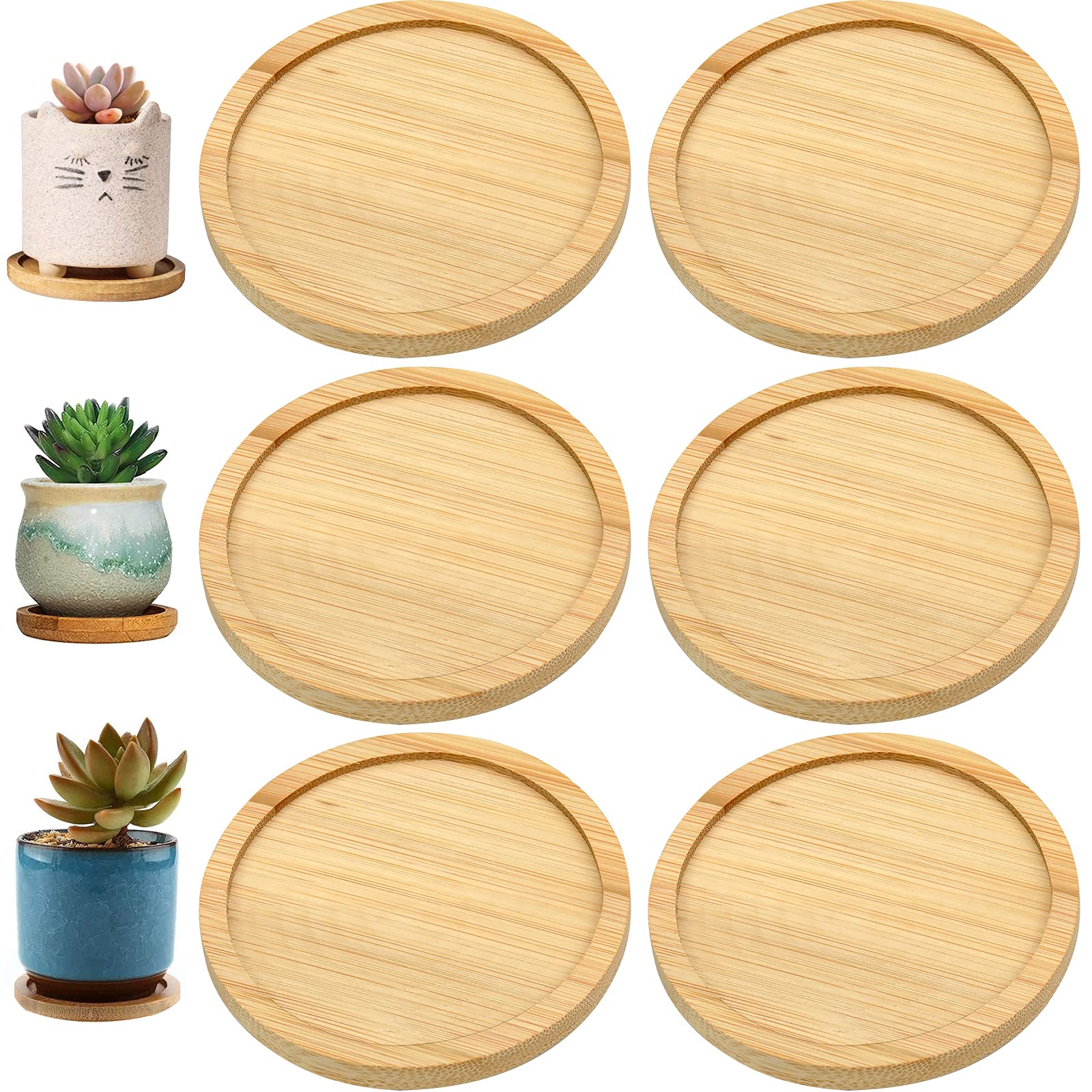BOFUS Plant Pot Saucer Set of 6, Small Round Plant Tray Wooden Base Succulent Pot Drainage Water Plates for Indoor Tiny Planters Natural Bamboo Serving Tray Wooden Plate Platter
