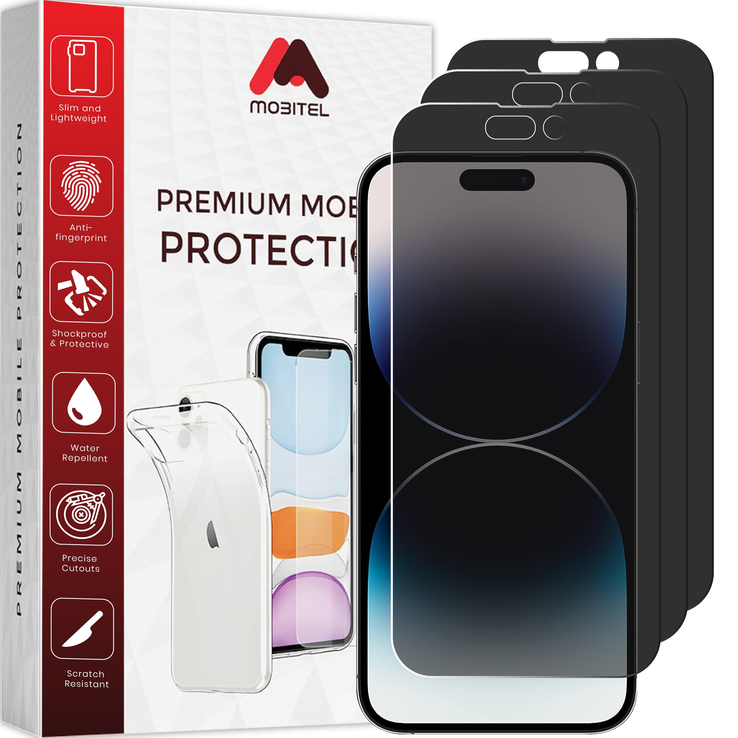 Mobitel 3-Pack Anti-Spy Privacy Screen Protector, 9H Tempered Glass, Anti-Scratch, Anti-Water, Case Friendly (iPhone 14 Pro) — image 1