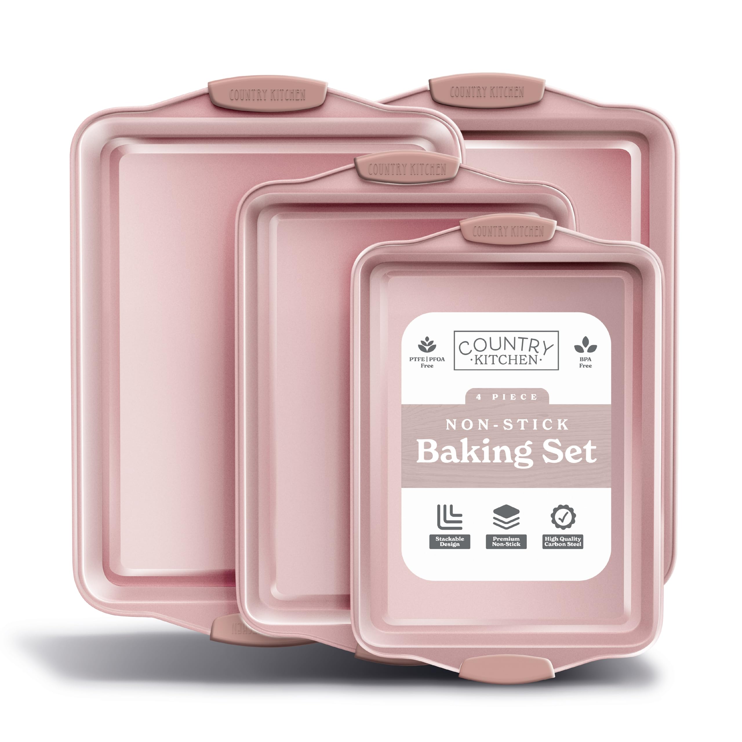Country Kitchen Nonstick Stackable Bakeware Set - Heavy Duty, Durable, Easy Release Baking Set, Pink, 4 Pcs Image