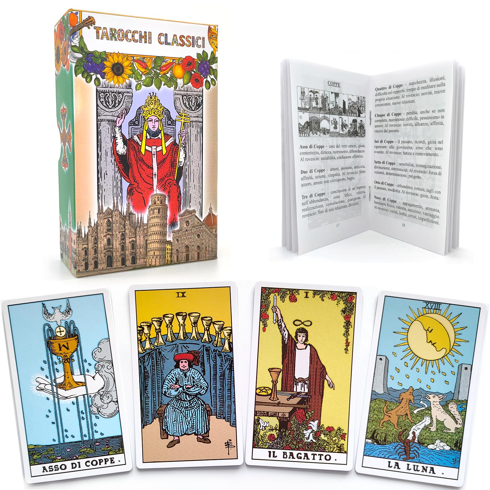 Pelucton 78-card Classic Tarot Deck for Beginners with Guidebook in Italian.